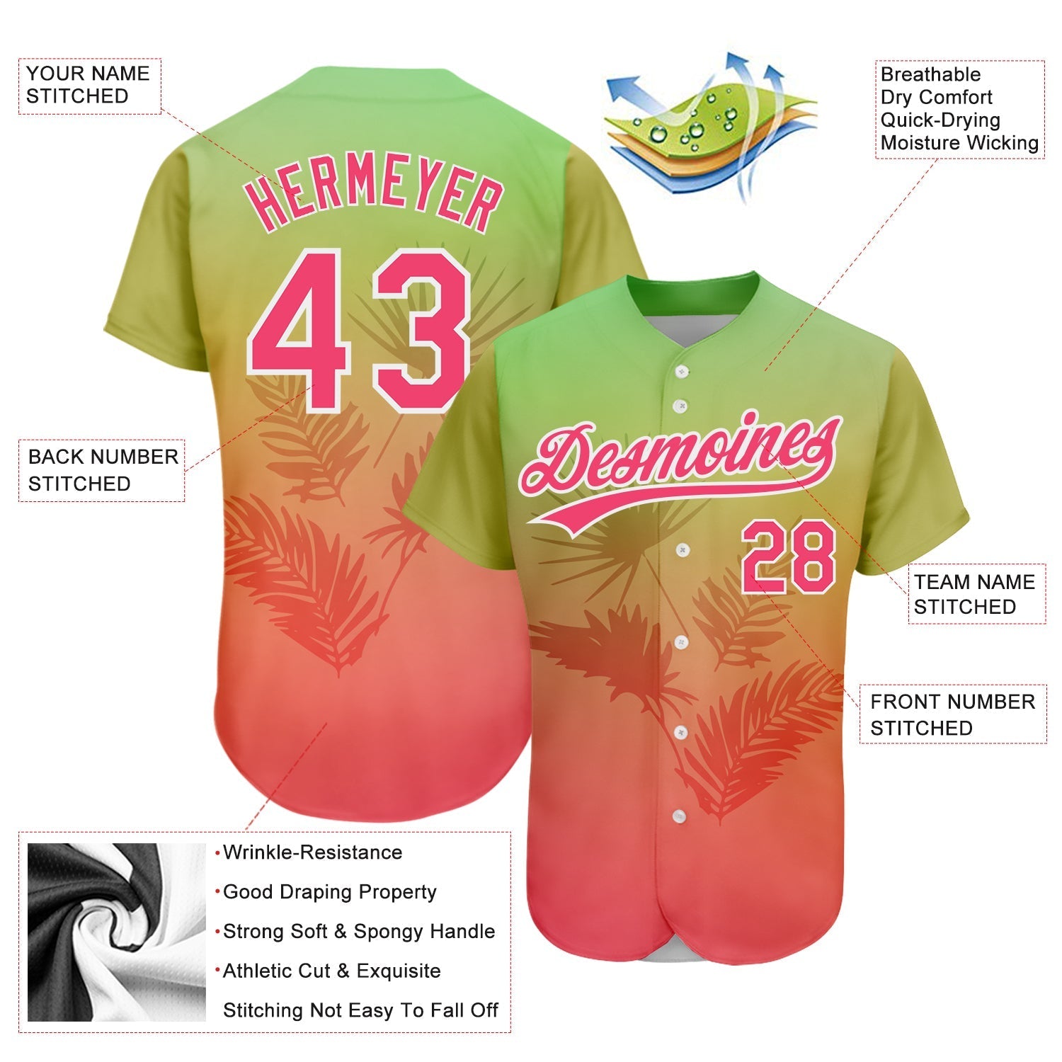 Custom Neon Green Neon Pink-White 3D Pattern Design Hawaii Palm Leaves Authentic Baseball Jersey baseball jersey product view 3