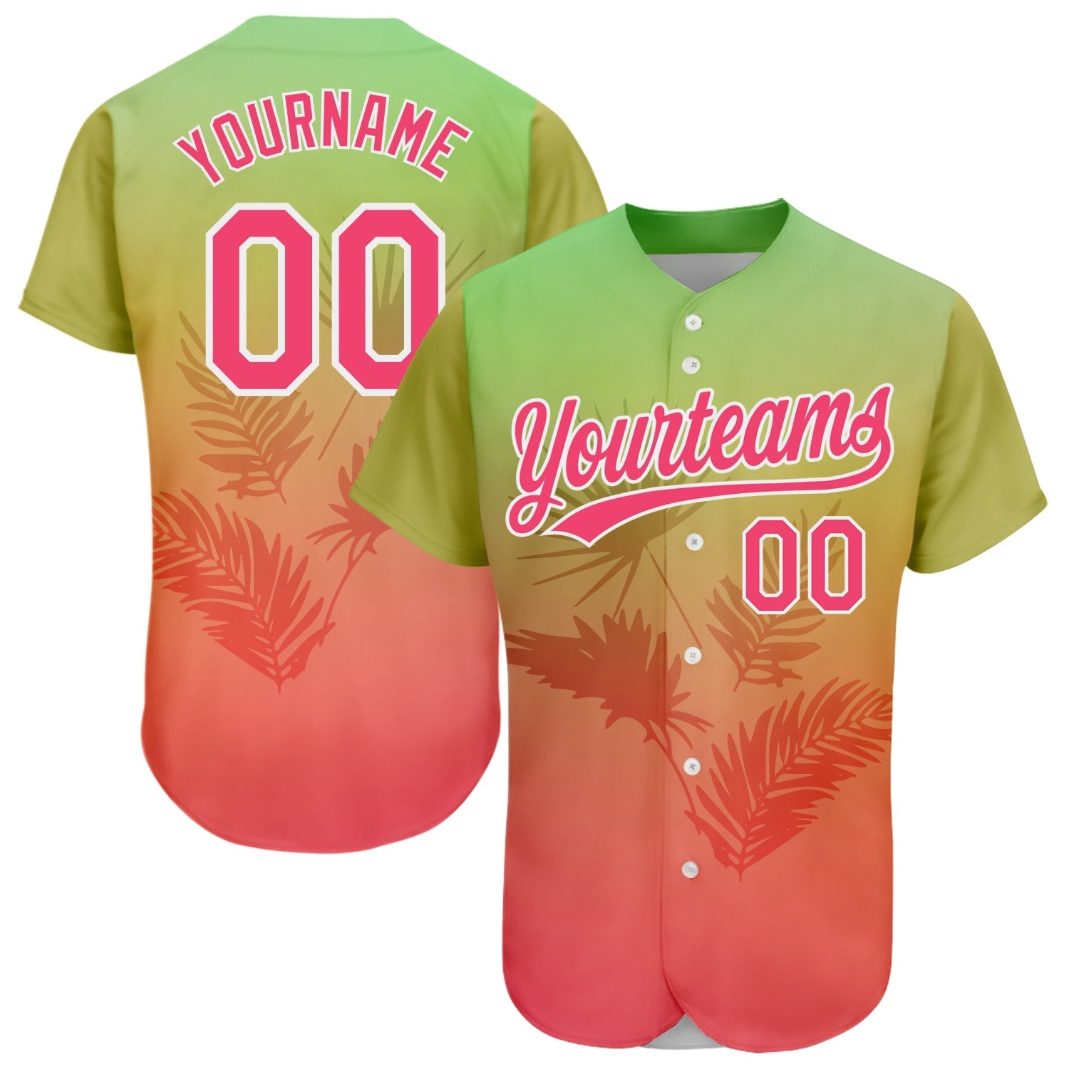 Custom Neon Green Neon Pink-White 3D Pattern Design Hawaii Palm Leaves Authentic Baseball Jersey baseball jersey product view 1