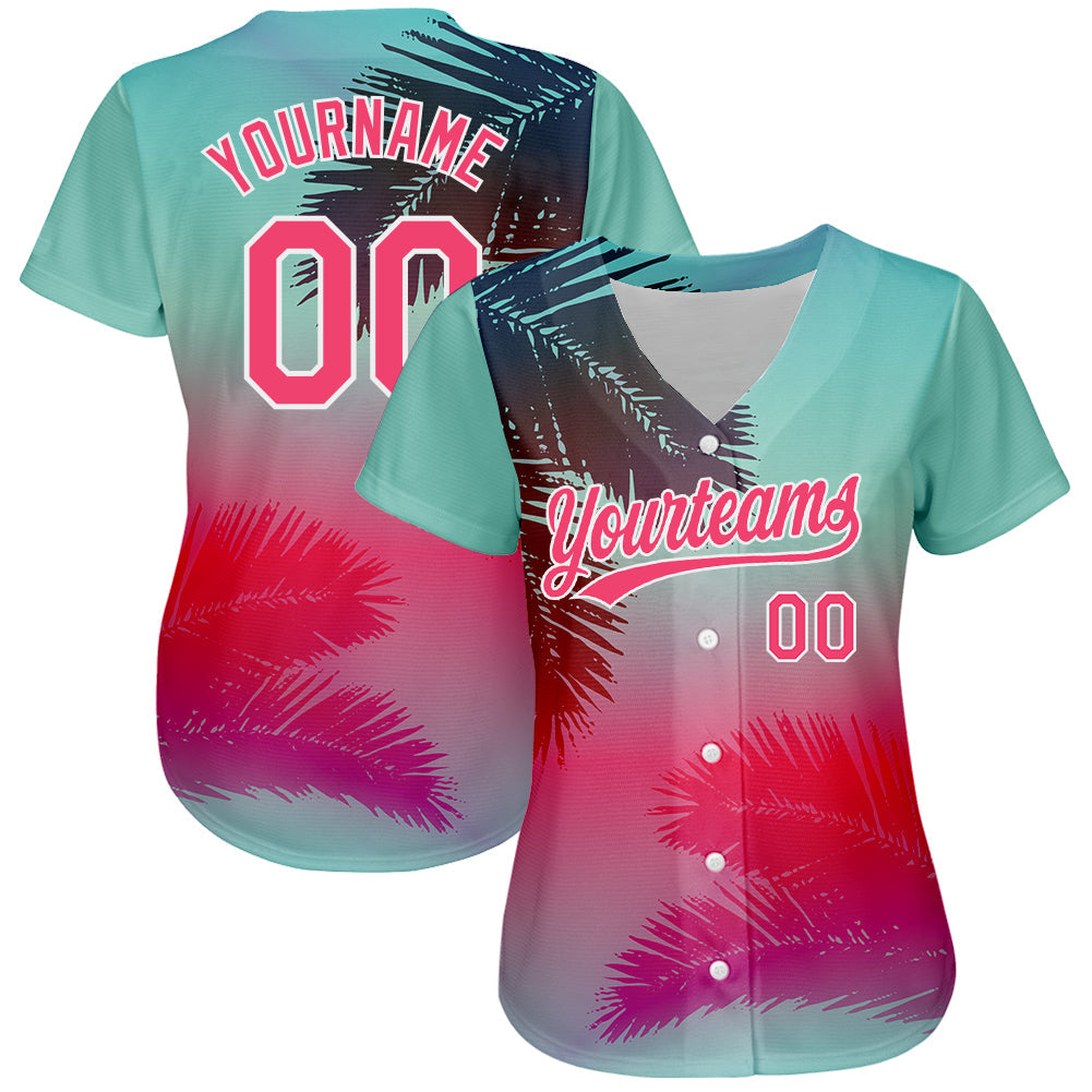 Custom Aqua Neon Pink-White 3D Pattern Design Hawaii Palm Leaves Authentic Baseball Jersey baseball jersey product view 2