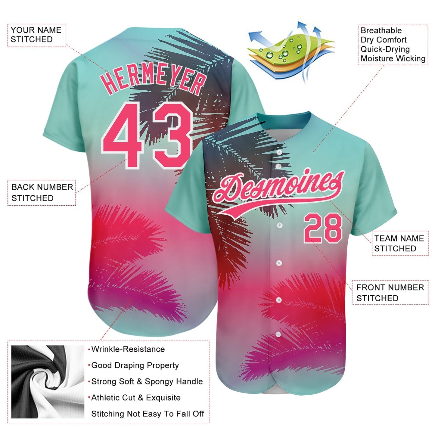 Custom Aqua Neon Pink-White 3D Pattern Design Hawaii Palm Leaves Authentic Baseball Jersey baseball jersey product view 3