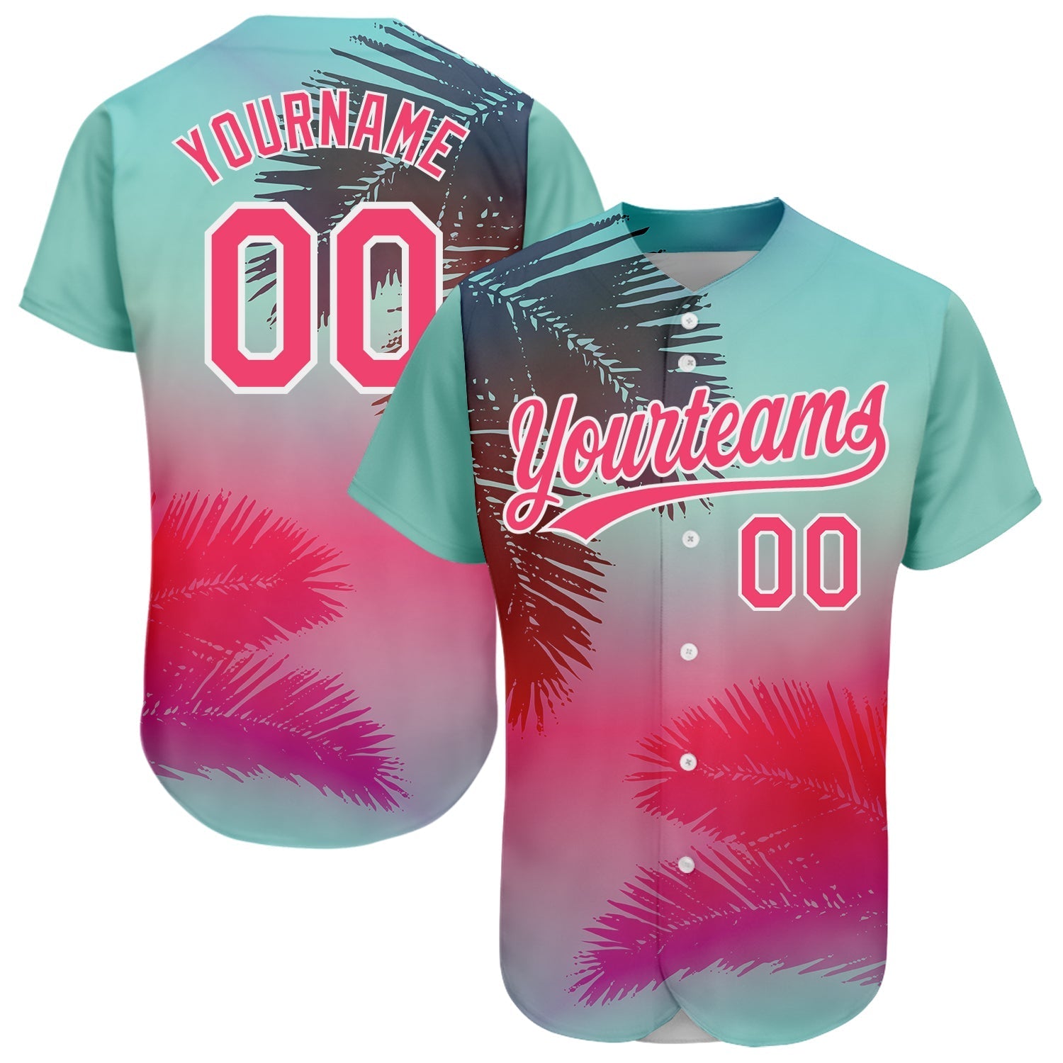 Custom Aqua Neon Pink-White 3D Pattern Design Hawaii Palm Leaves Authentic Baseball Jersey baseball jersey product view 1