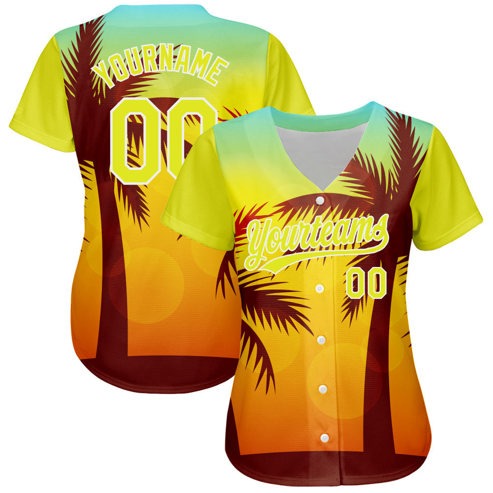 Custom Gold Neon Yellow-White 3D Pattern Design Hawaii Palm Trees Authentic Baseball Jersey baseball jersey product view 2