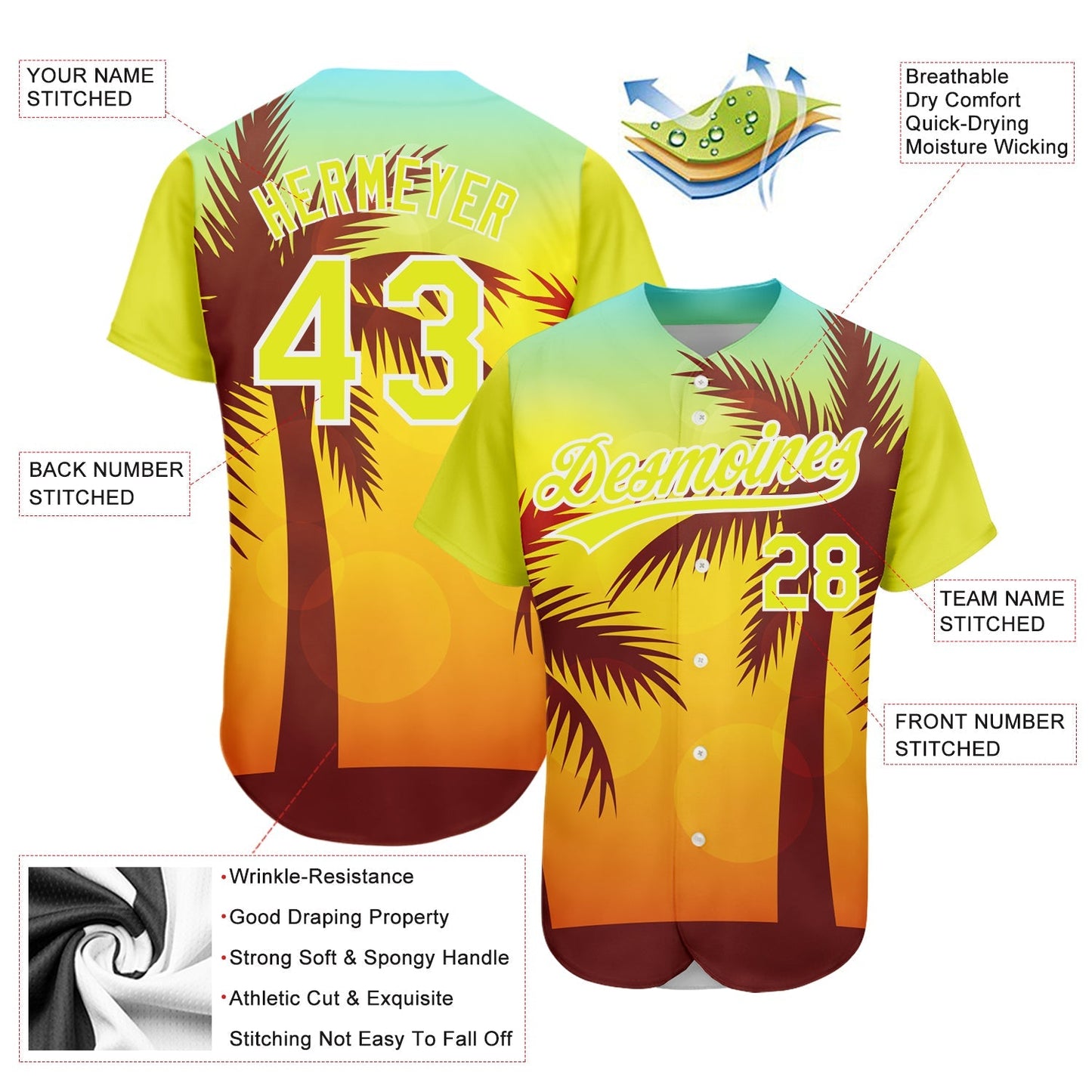 Custom Gold Neon Yellow-White 3D Pattern Design Hawaii Palm Trees Authentic Baseball Jersey baseball jersey product view 3