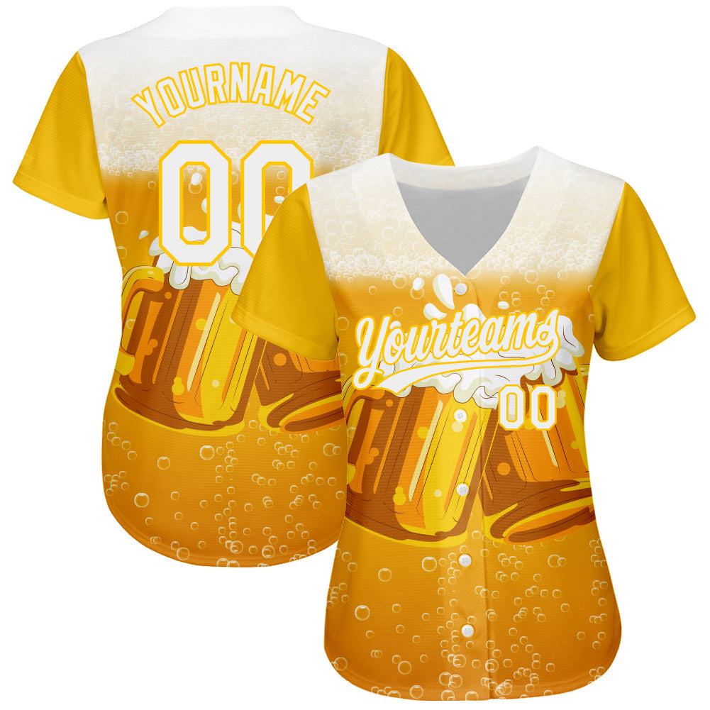 Custom Yellow White 3D Pattern Design International Beer Day Authentic Baseball Jersey baseball jersey product view 2