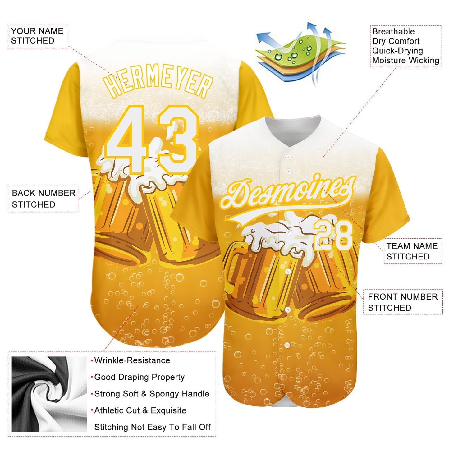 Custom Yellow White 3D Pattern Design International Beer Day Authentic Baseball Jersey baseball jersey product view 3