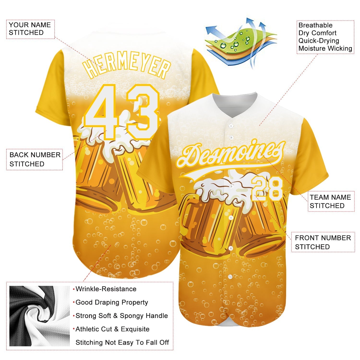 Custom Yellow White 3D Pattern Design International Beer Day Authentic Baseball Jersey baseball jersey product view 3