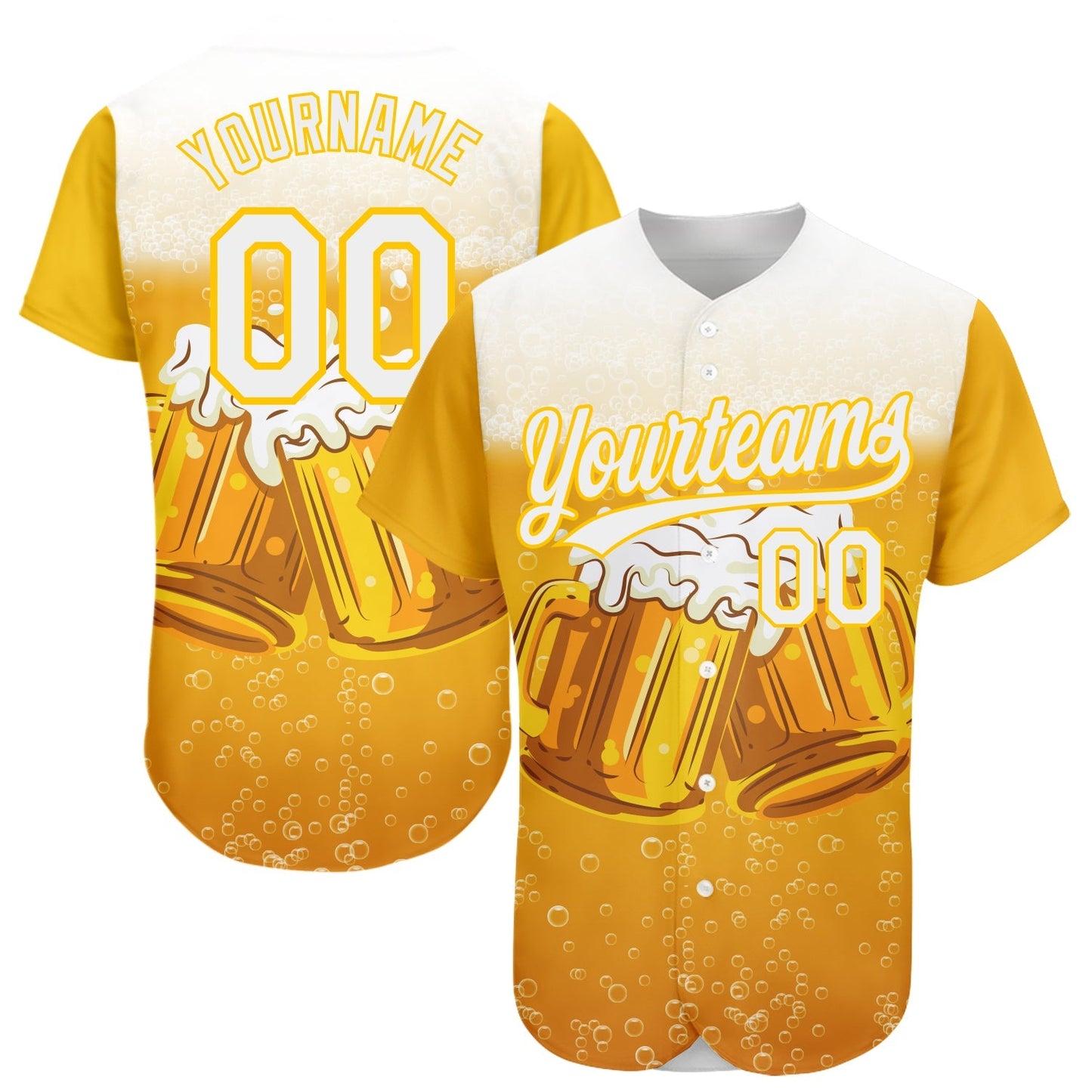 Custom Yellow White 3D Pattern Design International Beer Day Authentic Baseball Jersey baseball jersey product view 1