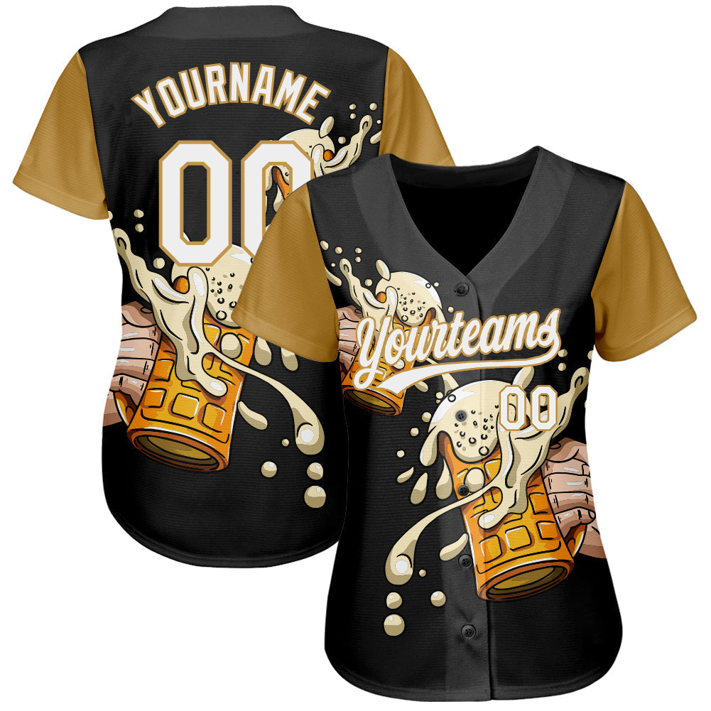 Custom Black White-Old Gold 3D Pattern Design Beer Festival Authentic Baseball Jersey baseball jersey product view 2