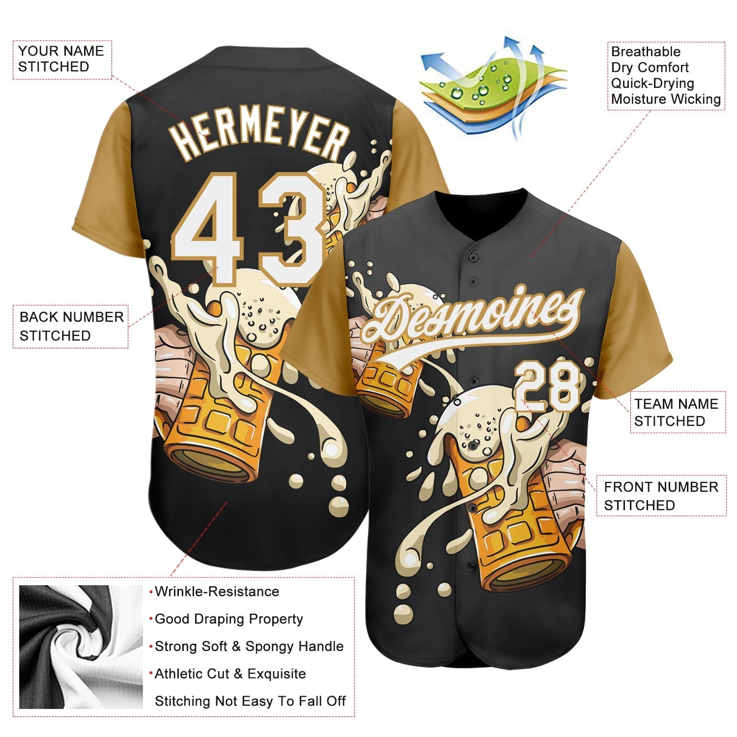 Custom Black White-Old Gold 3D Pattern Design Beer Festival Authentic Baseball Jersey baseball jersey product view 3