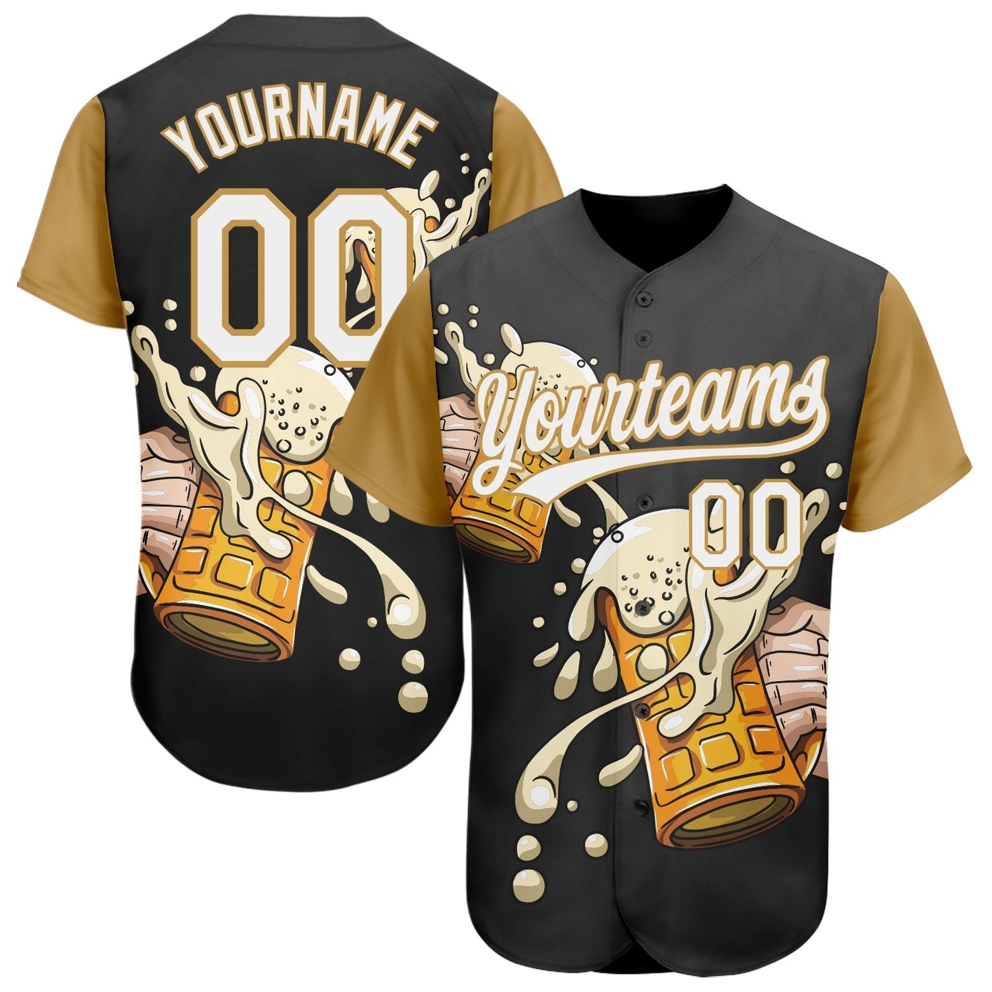 Custom Black White-Old Gold 3D Pattern Design Beer Festival Authentic Baseball Jersey baseball jersey product view 1