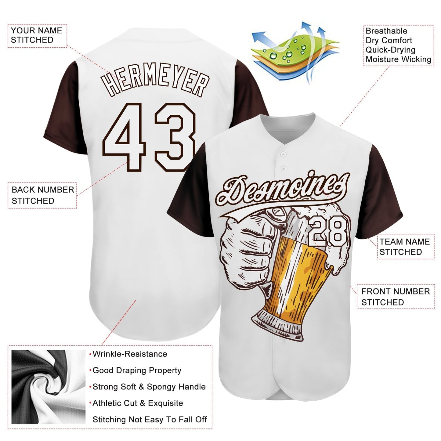 Custom White Brown 3D Pattern Design Beer Festival Authentic Baseball Jersey baseball jersey product view 3