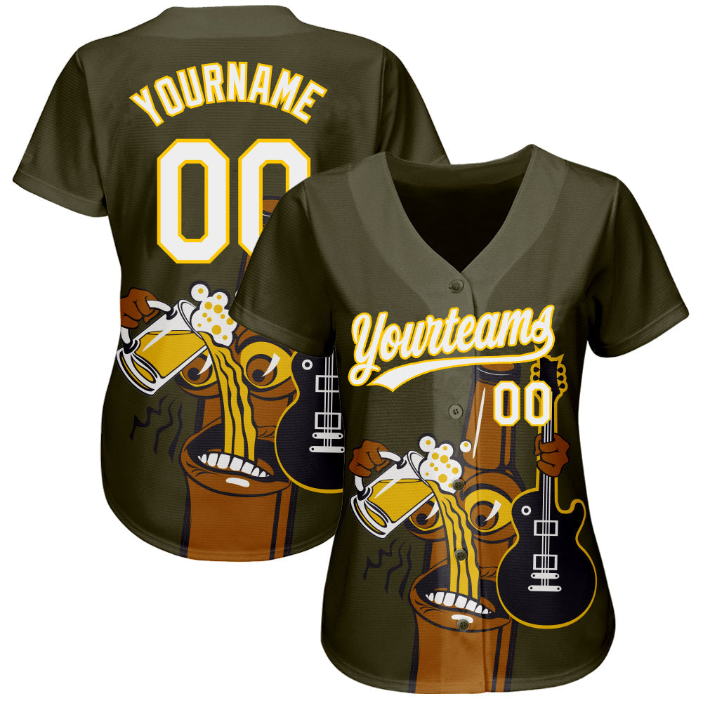 Custom Olive White-Yellow 3D Pattern Design Beer And Music Authentic Baseball Jersey baseball jersey product view 2