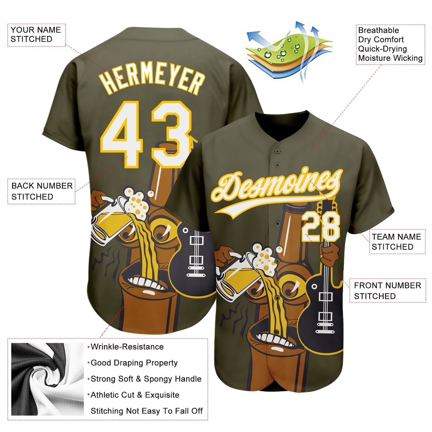 Custom Olive White-Yellow 3D Pattern Design Beer And Music Authentic Baseball Jersey baseball jersey product view 3