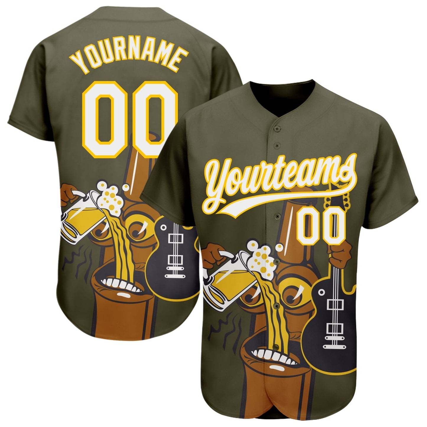 Custom Olive White-Yellow 3D Pattern Design Beer And Music Authentic Baseball Jersey baseball jersey product view 1
