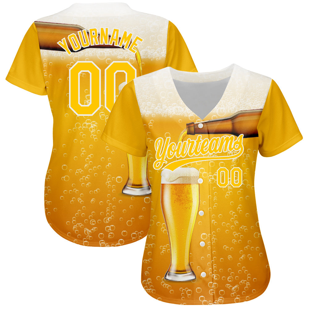 Custom Yellow White 3D Pattern Design Beer Authentic Baseball Jersey baseball jersey product view 2