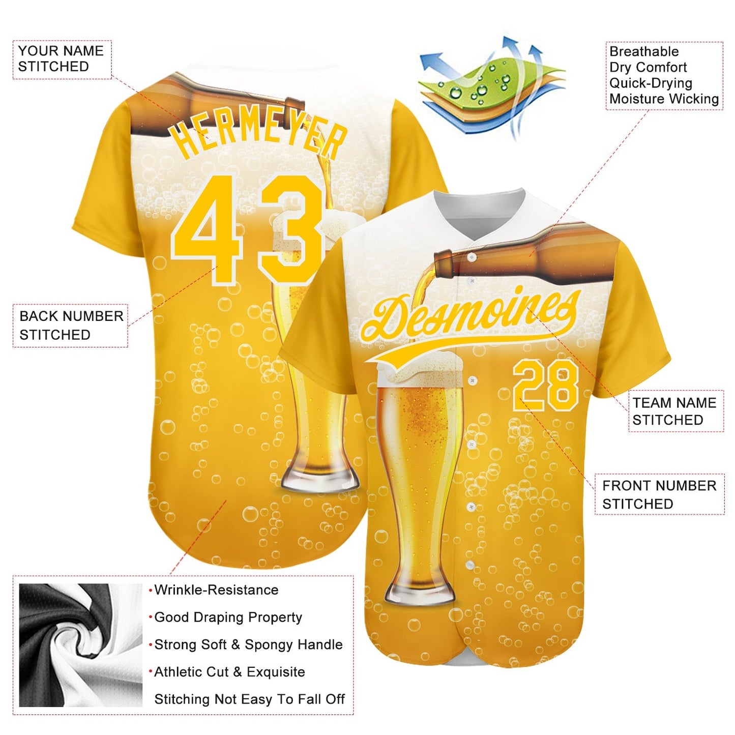 Custom Yellow White 3D Pattern Design Beer Authentic Baseball Jersey baseball jersey product view 3