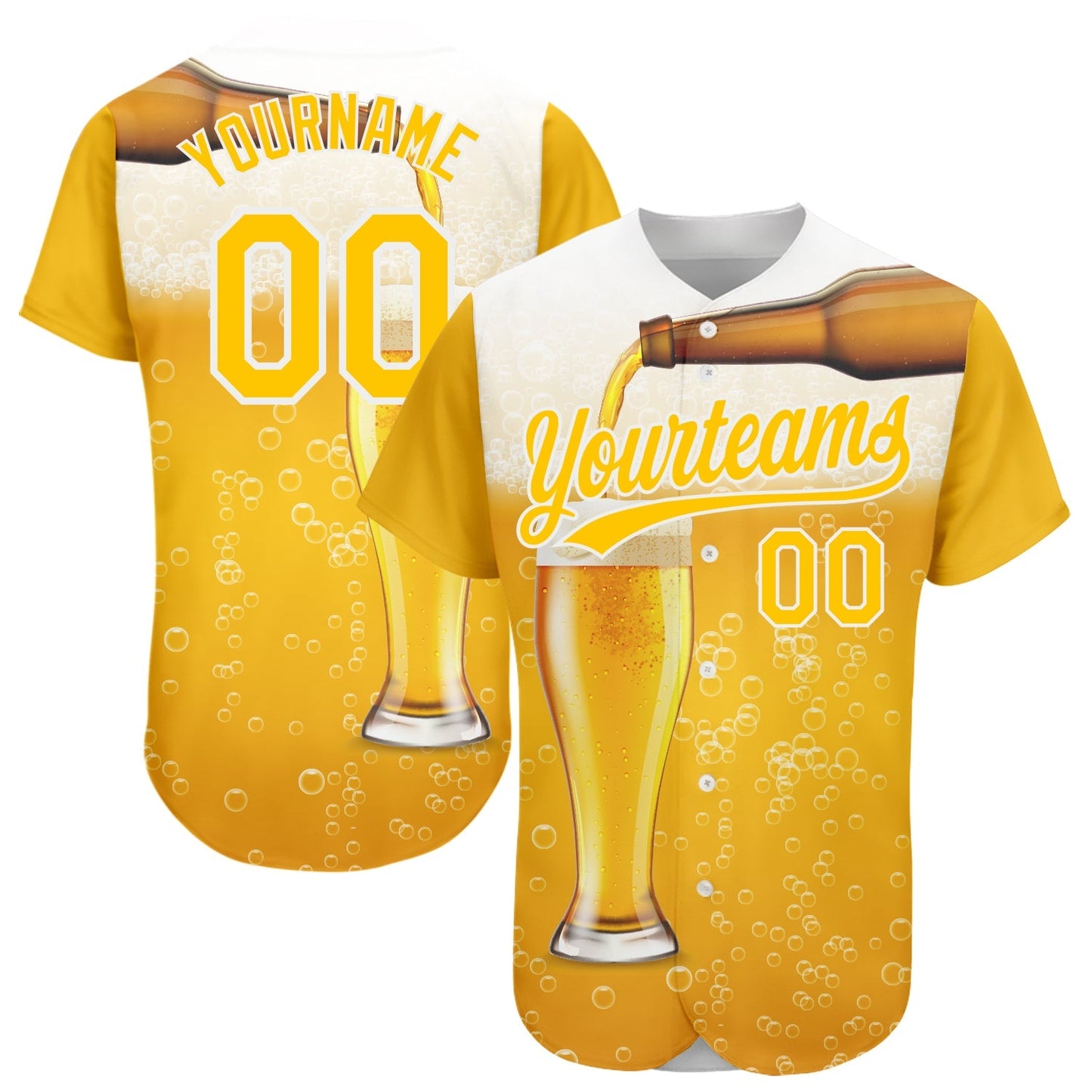 Custom Yellow White 3D Pattern Design Beer Authentic Baseball Jersey baseball jersey product view 1