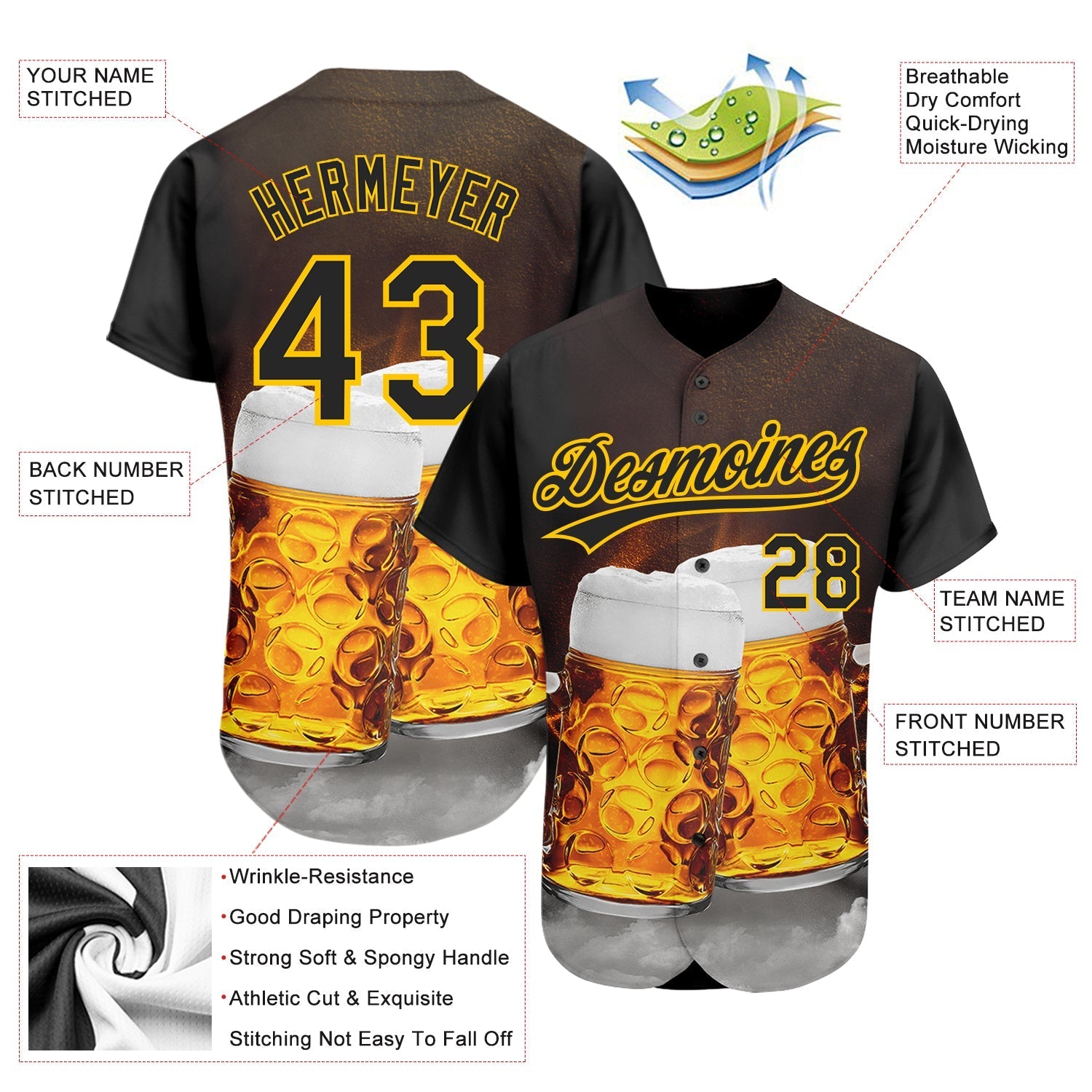 Custom Black Yellow 3D Pattern Design Beer Festival Authentic Baseball Jersey baseball jersey product view 3