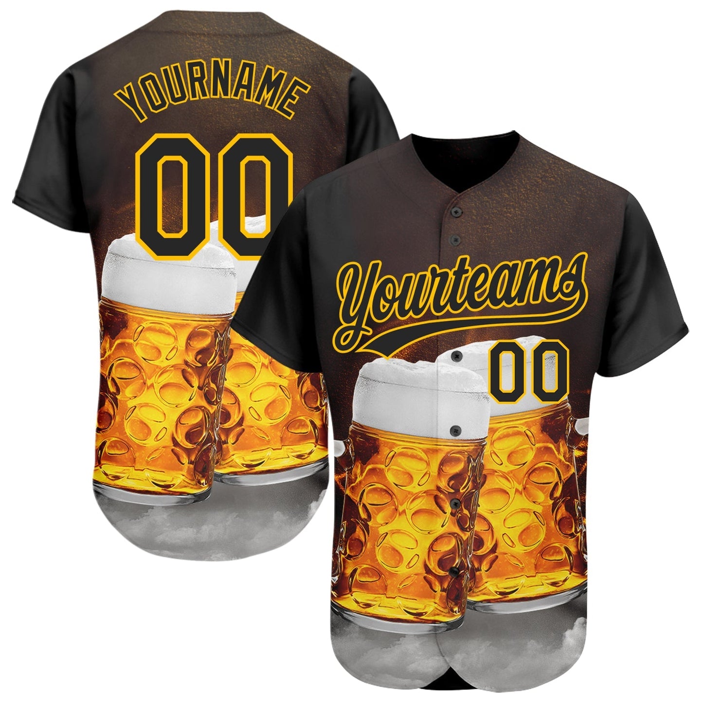 Custom Black Yellow 3D Pattern Design Beer Festival Authentic Baseball Jersey baseball jersey product view 1