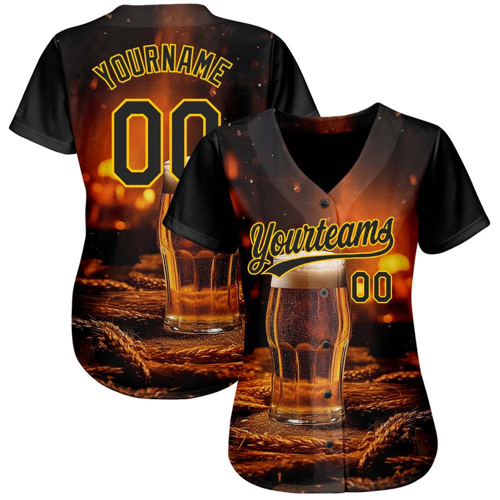 Custom Black Yellow 3D Pattern Design International Beer Day Authentic Baseball Jersey baseball jersey product view 2