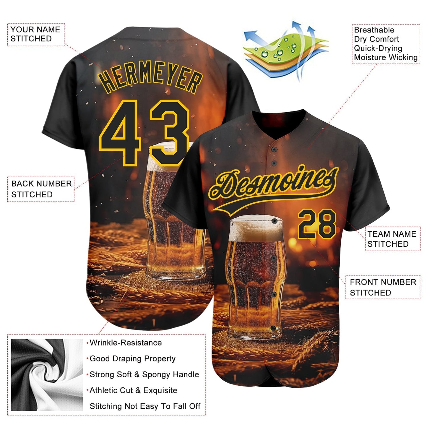Custom Black Yellow 3D Pattern Design International Beer Day Authentic Baseball Jersey baseball jersey product view 3