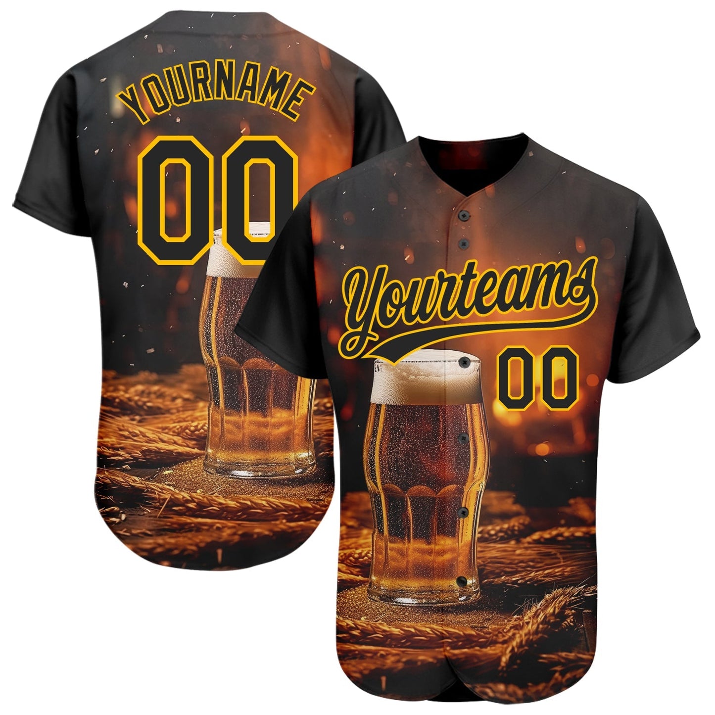 Custom Black Yellow 3D Pattern Design International Beer Day Authentic Baseball Jersey baseball jersey product view 1