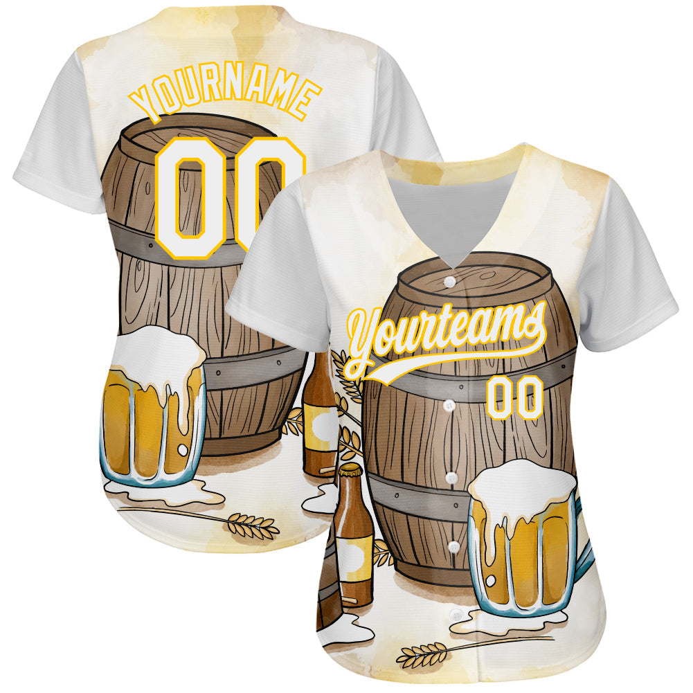 Custom White Yellow 3D Pattern Design International Beer Day Authentic Baseball Jersey baseball jersey product view 2