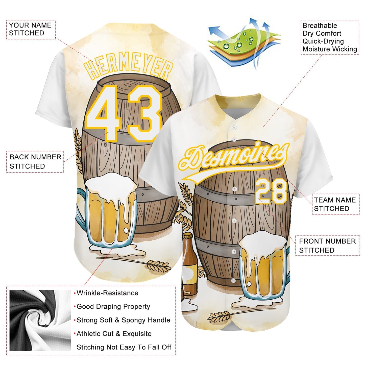 Custom White Yellow 3D Pattern Design International Beer Day Authentic Baseball Jersey baseball jersey product view 3