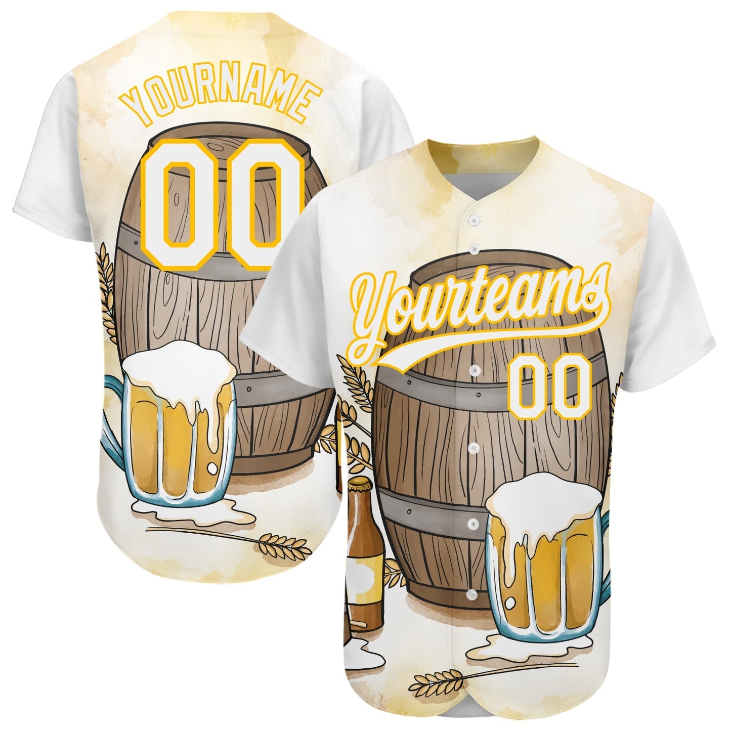 Custom White Yellow 3D Pattern Design International Beer Day Authentic Baseball Jersey baseball jersey product view 1