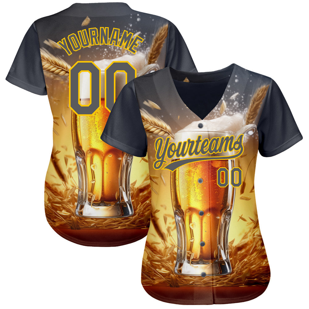 Custom Steel Gray Yellow 3D Pattern Design International Beer Day Authentic Baseball Jersey baseball jersey product view 2