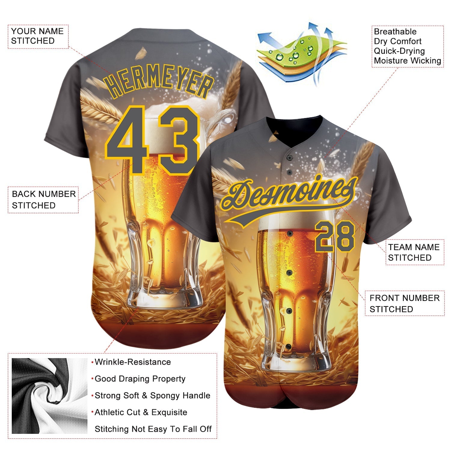 Custom Steel Gray Yellow 3D Pattern Design International Beer Day Authentic Baseball Jersey baseball jersey product view 3