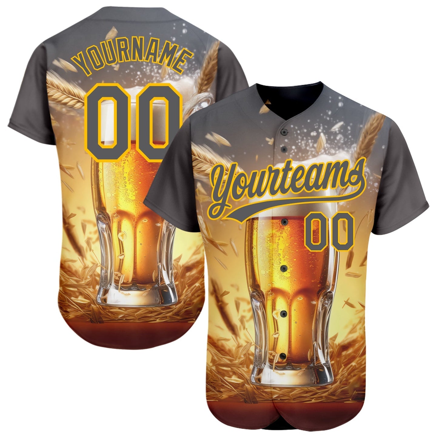 Custom Steel Gray Yellow 3D Pattern Design International Beer Day Authentic Baseball Jersey baseball jersey product view 1