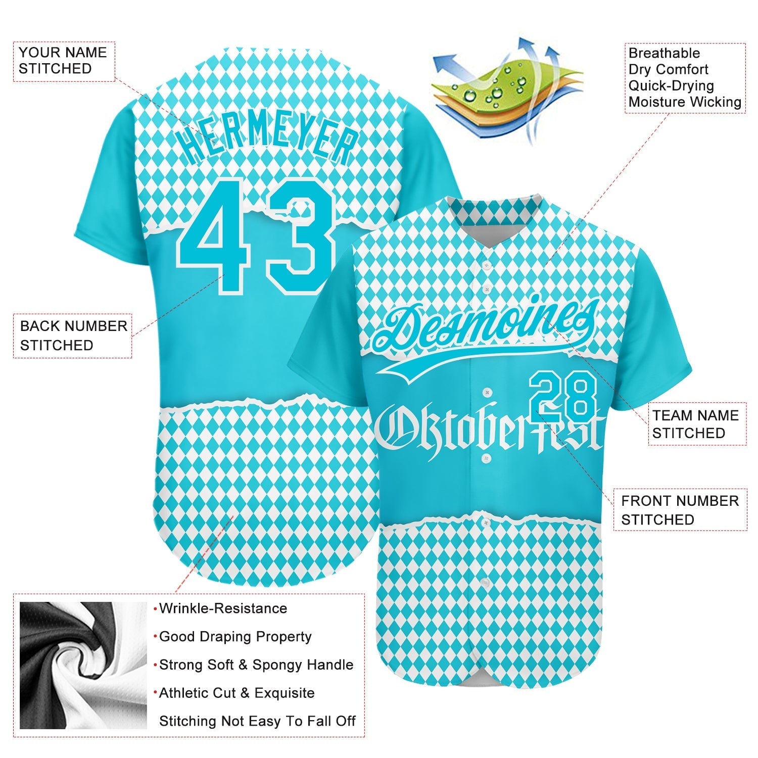 Custom Lakes Blue White 3D Pattern Design Oktoberfest Authentic Baseball Jersey baseball jersey product view 3