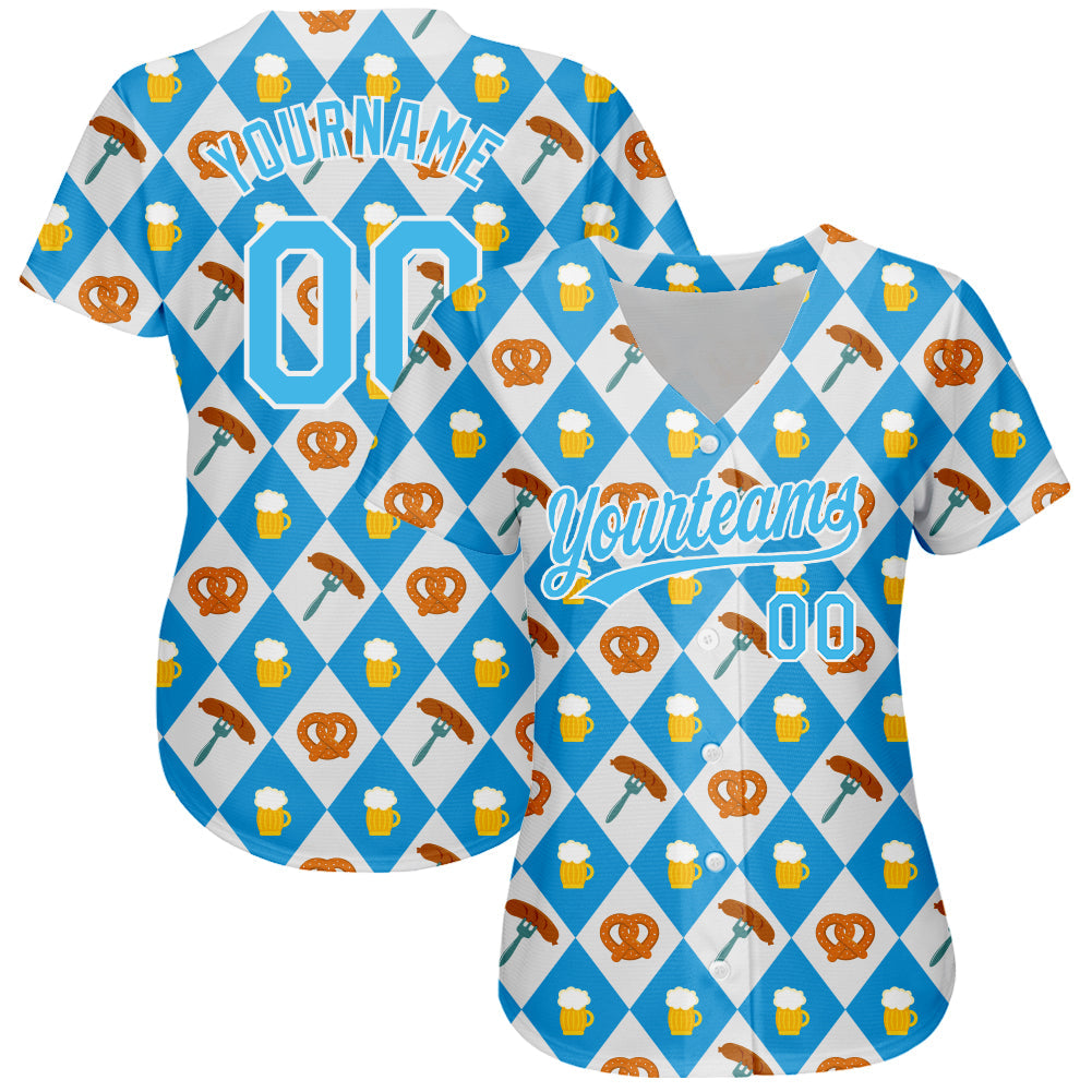 Custom White Sky Blue 3D Pattern Design Beer Festival Authentic Baseball Jersey baseball jersey product view 2