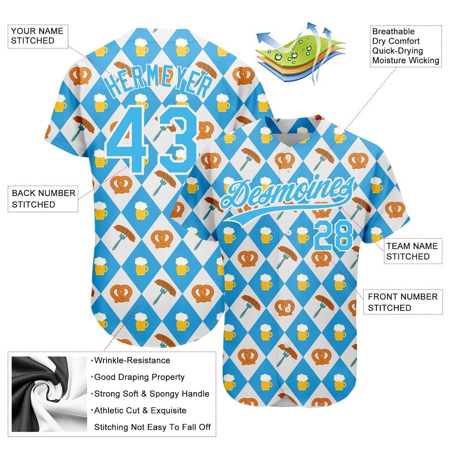 Custom White Sky Blue 3D Pattern Design Beer Festival Authentic Baseball Jersey baseball jersey product view 3