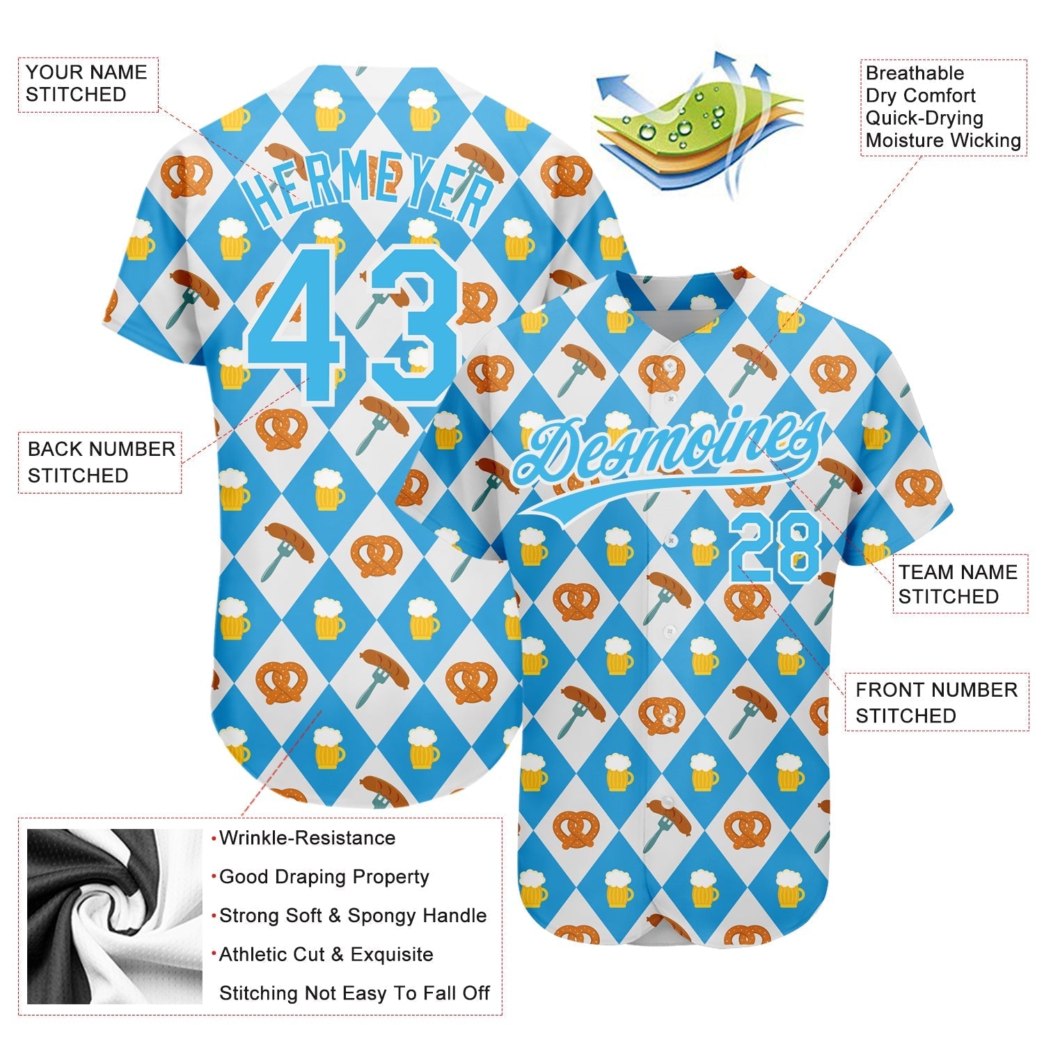 Custom White Sky Blue 3D Pattern Design Beer Festival Authentic Baseball Jersey baseball jersey product view 3