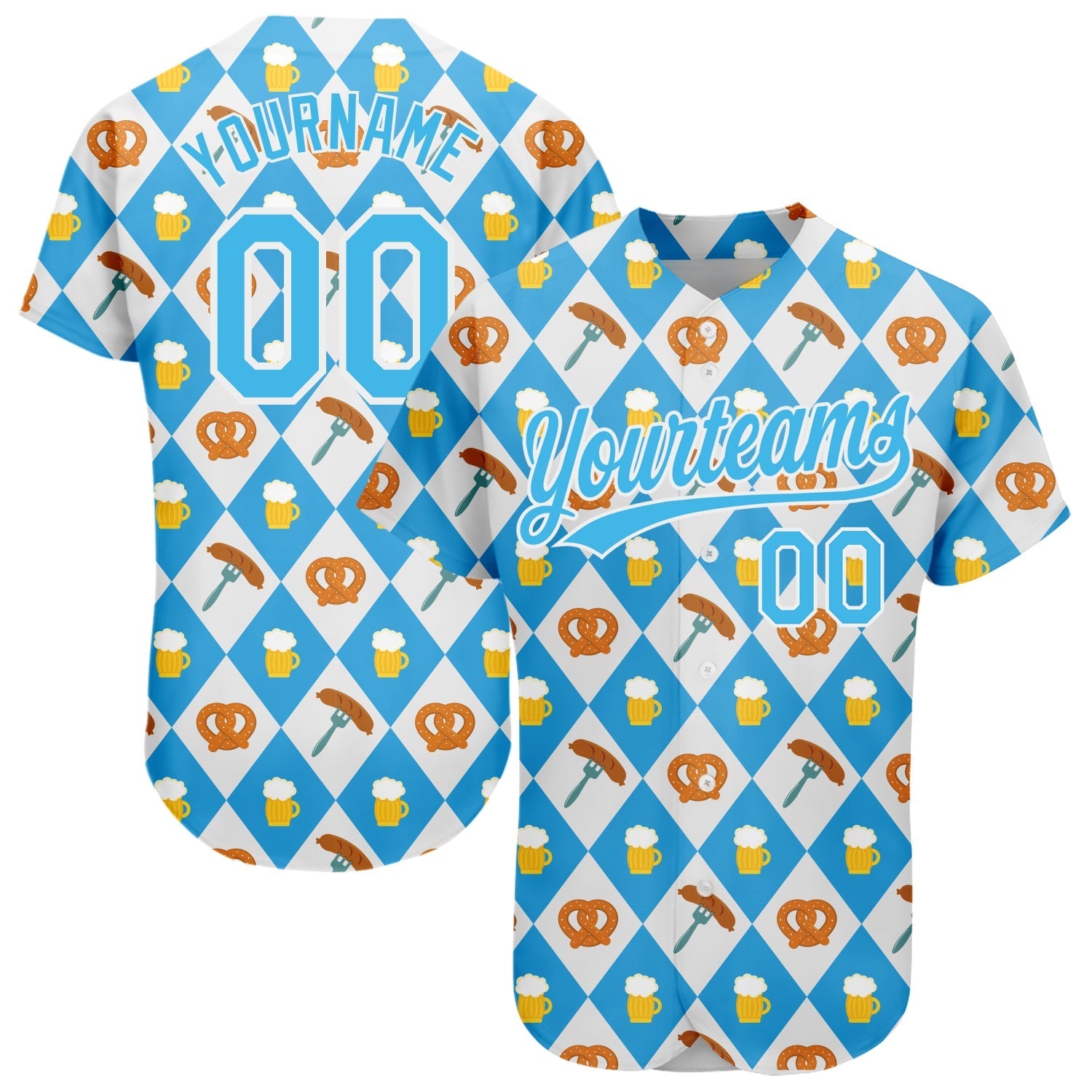 Custom White Sky Blue 3D Pattern Design Beer Festival Authentic Baseball Jersey baseball jersey product view 1