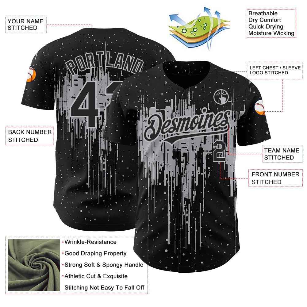 Custom Black Gray 3D Pattern Design Dripping Splatter Art Authentic Baseball Jersey baseball jersey product view 3