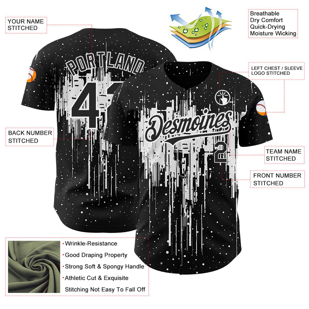 Custom Black White 3D Pattern Design Dripping Splatter Art Authentic Baseball Jersey baseball jersey product view 3