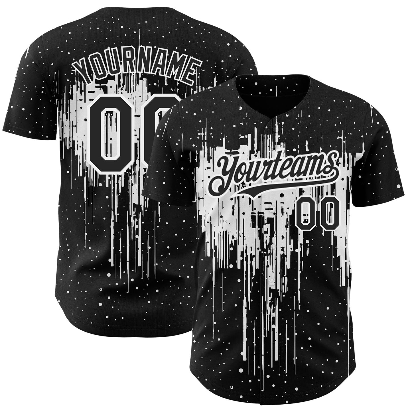 Custom Black White 3D Pattern Design Dripping Splatter Art Authentic Baseball Jersey baseball jersey product view 1