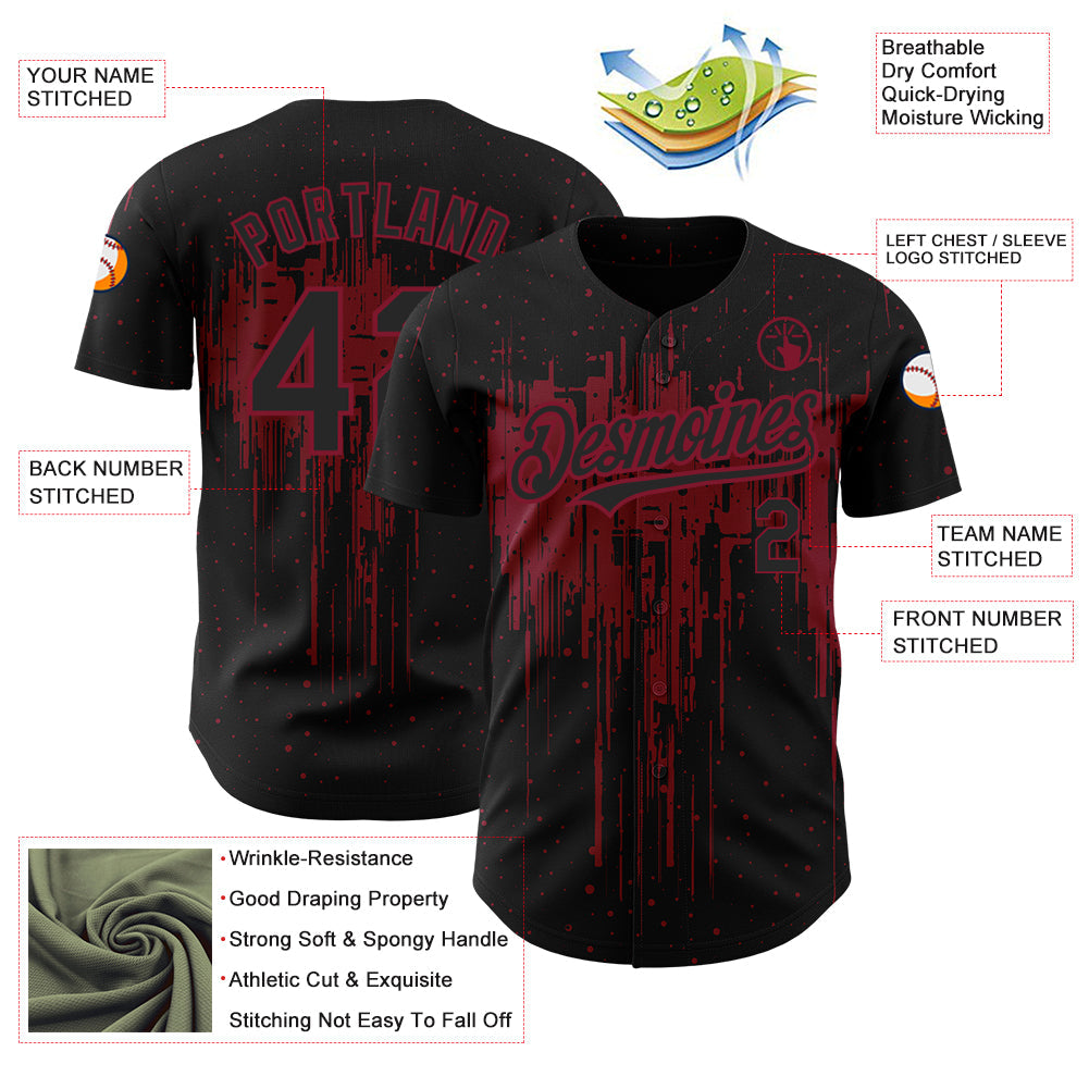 Custom Black Crimson 3D Pattern Design Dripping Splatter Art Authentic Baseball Jersey baseball jersey product view 3
