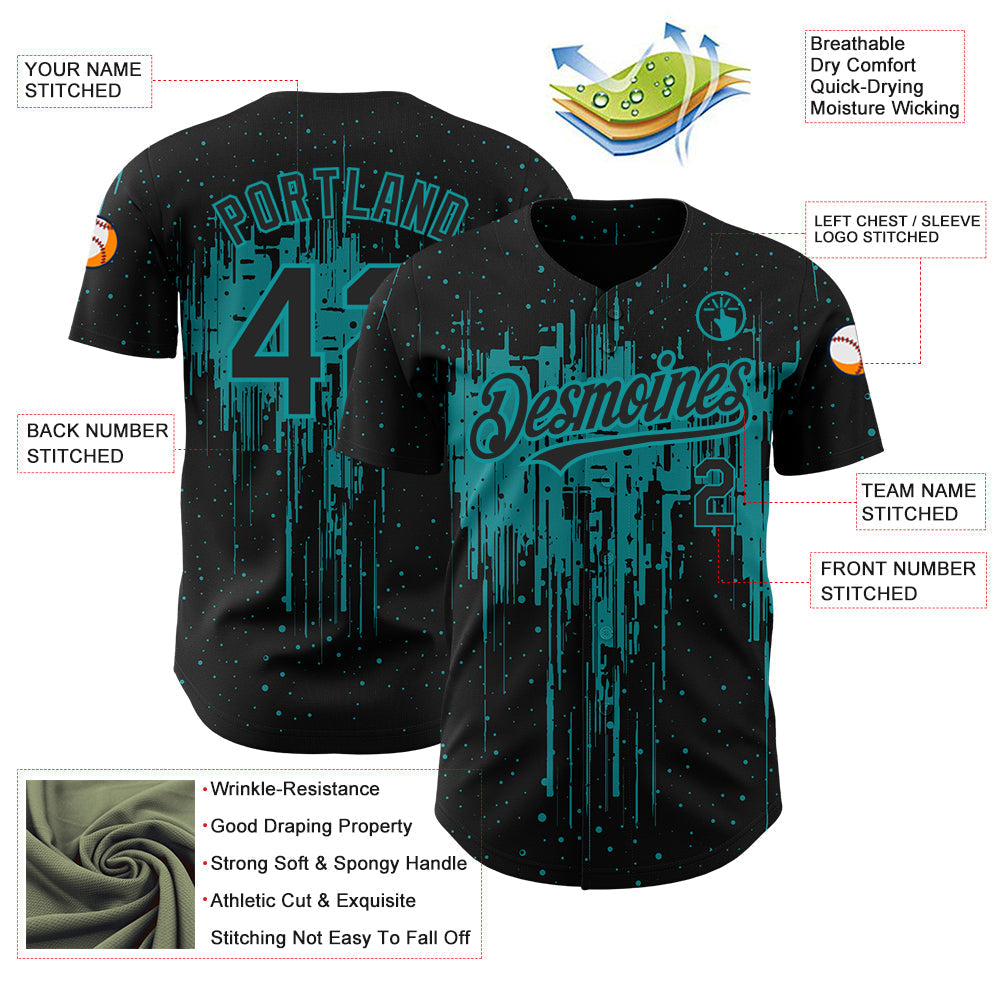Custom Black Teal 3D Pattern Design Dripping Splatter Art Authentic Baseball Jersey baseball jersey product view 3