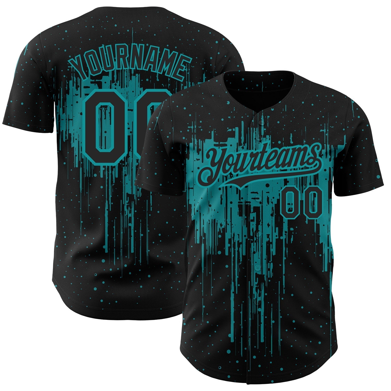 Custom Black Teal 3D Pattern Design Dripping Splatter Art Authentic Baseball Jersey baseball jersey product view 1