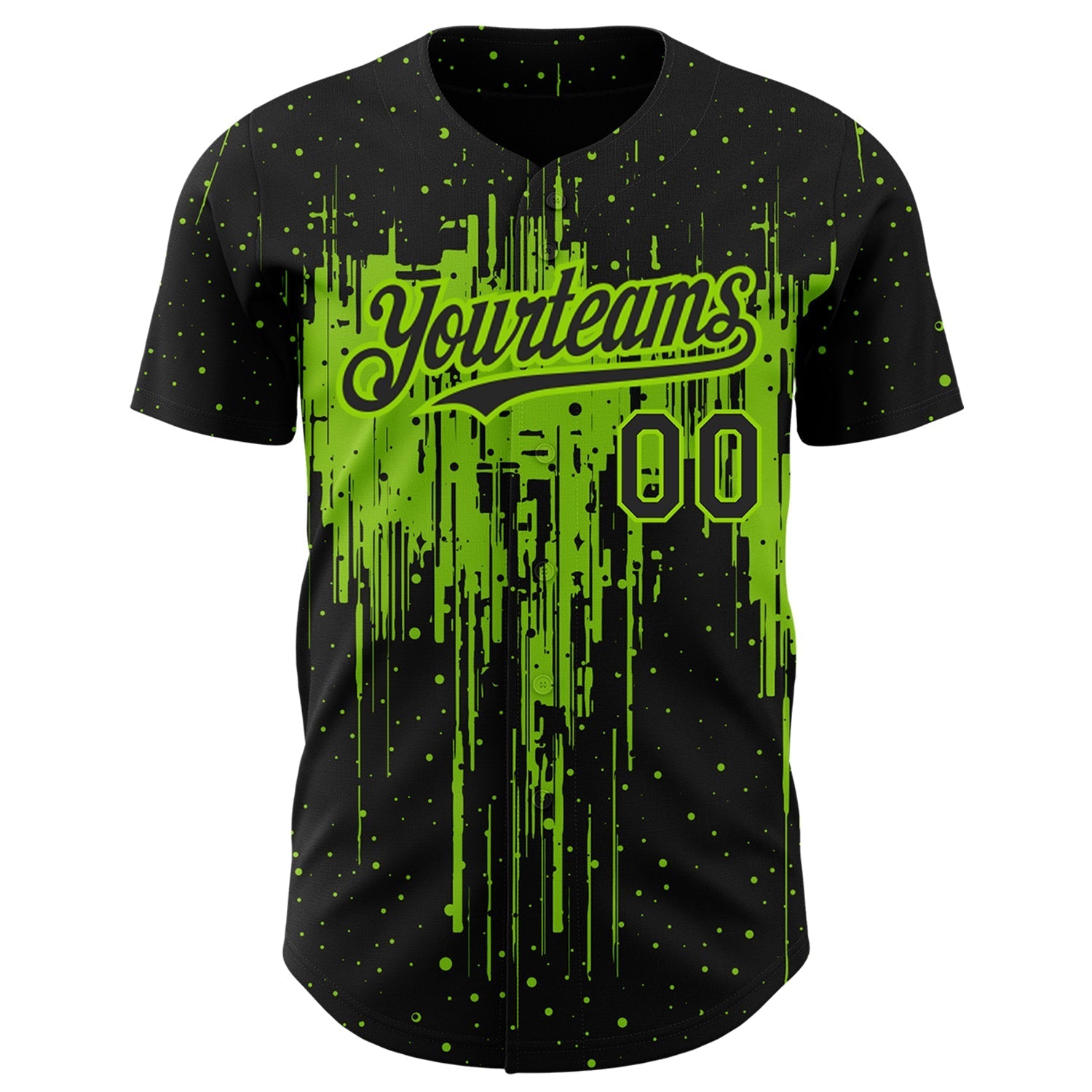 Custom Black Neon Green 3D Pattern Design Dripping Splatter Art Authentic Baseball Jersey baseball jersey product view 2