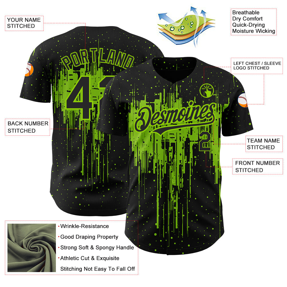 Custom Black Neon Green 3D Pattern Design Dripping Splatter Art Authentic Baseball Jersey baseball jersey product view 3