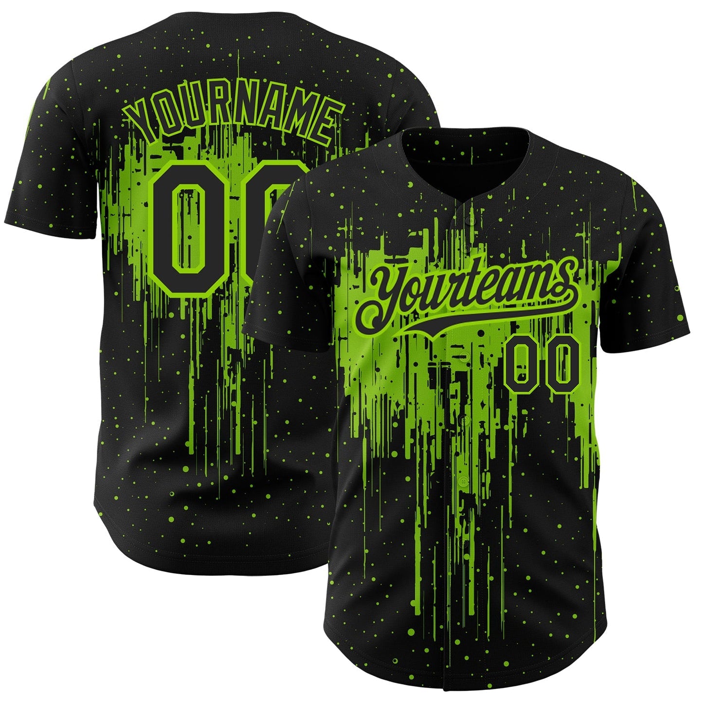 Custom Black Neon Green 3D Pattern Design Dripping Splatter Art Authentic Baseball Jersey baseball jersey product view 1