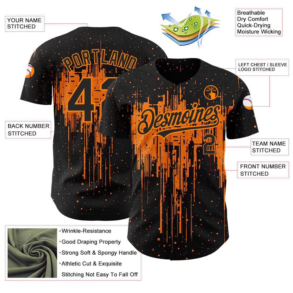 Custom Black Bay Orange 3D Pattern Design Dripping Splatter Art Authentic Baseball Jersey baseball jersey product view 3