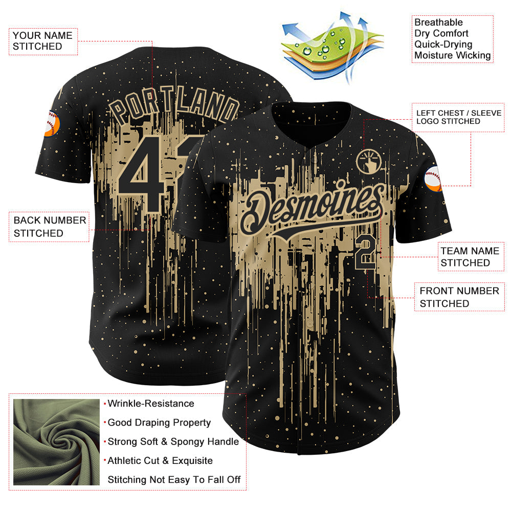 Custom Black Vegas Gold 3D Pattern Design Dripping Splatter Art Authentic Baseball Jersey baseball jersey product view 3
