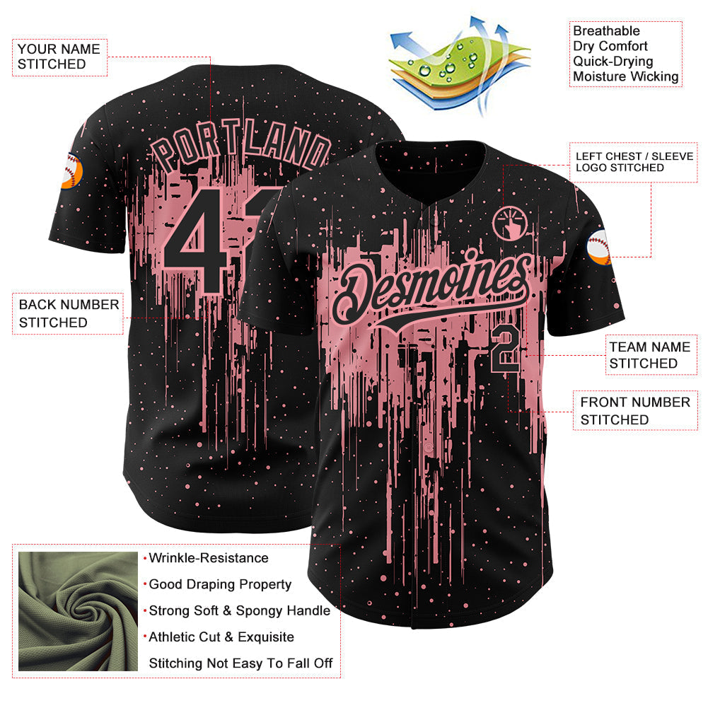 Custom Black Medium Pink 3D Pattern Design Dripping Splatter Art Authentic Baseball Jersey baseball jersey product view 3