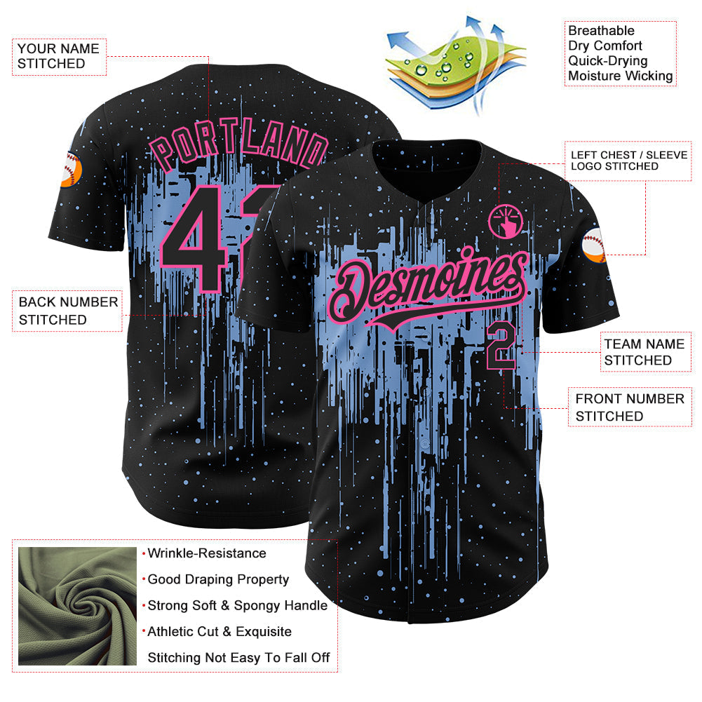 Custom Black Light Blue-Pink 3D Pattern Design Dripping Splatter Art Authentic Baseball Jersey baseball jersey product view 3